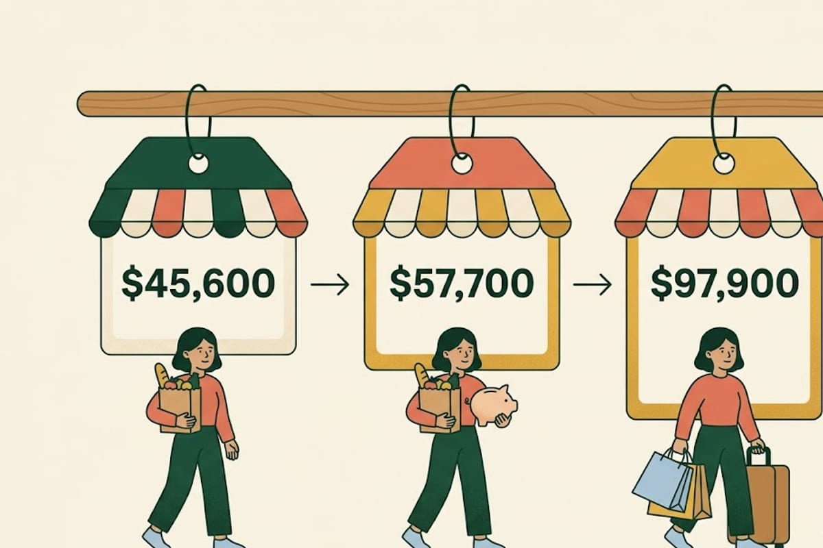 Three income levels for one adult in Texas: $45,600, $57,700 and $97,900
