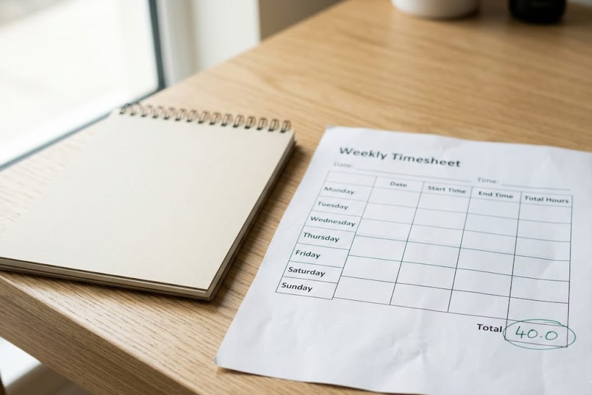 A weekly timesheet with forty hours circled next to a desk calendar