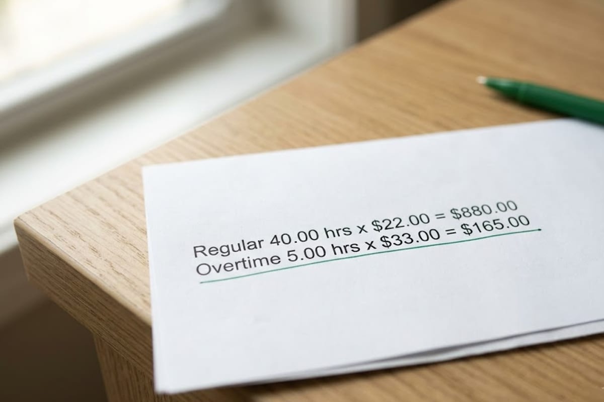 The overtime line on a pay stub for five hours at 33 dollars