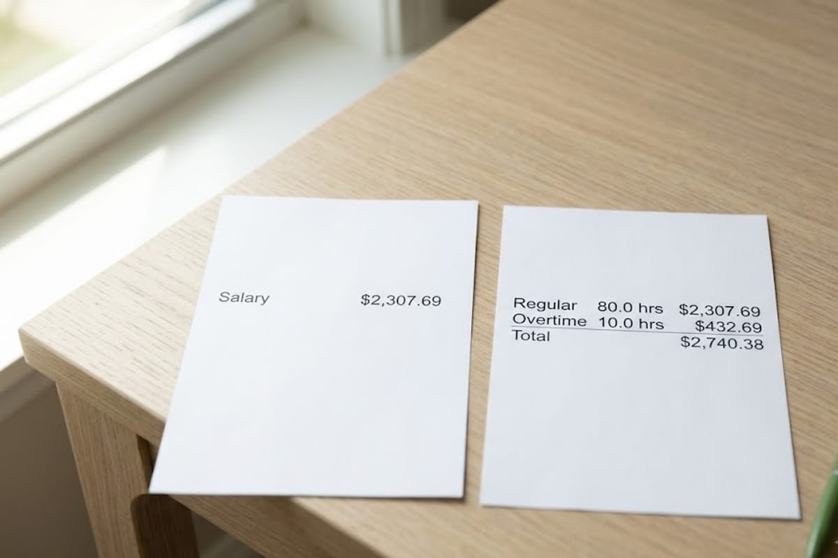 Salaried and hourly pay for the same two 45-hour weeks