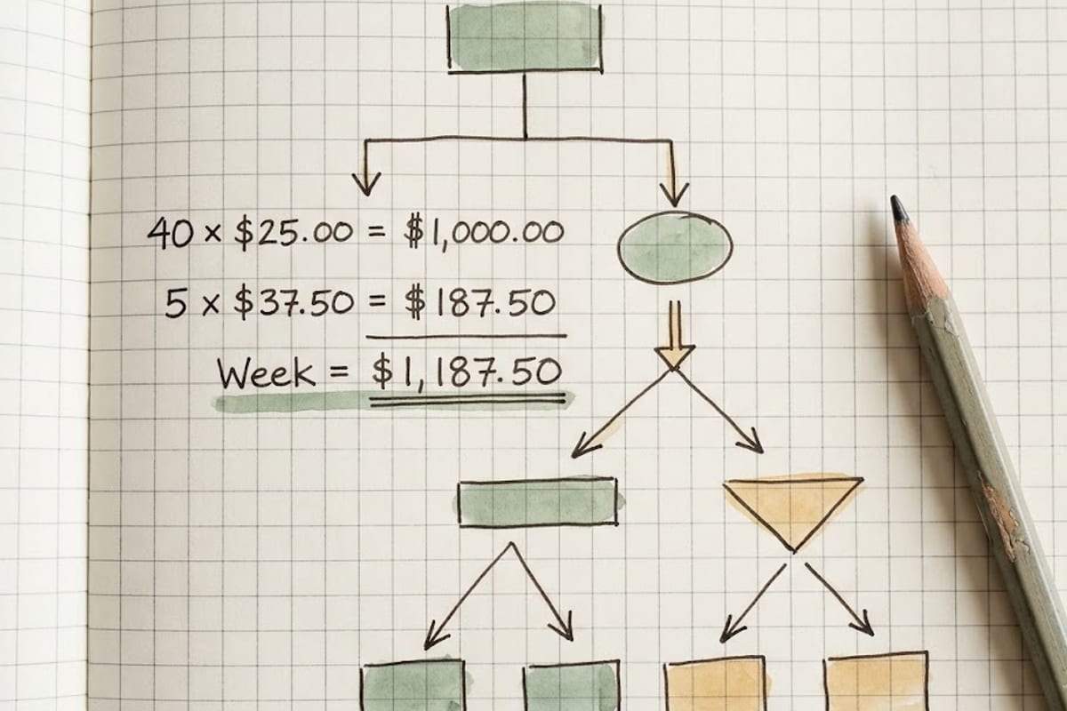 A week at $25 an hour with five hours of overtime
