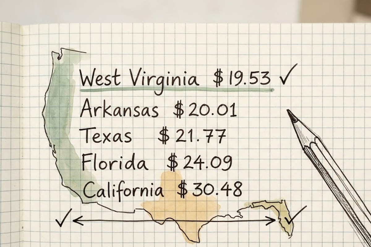 The living wage for one adult in five states against $20 an hour