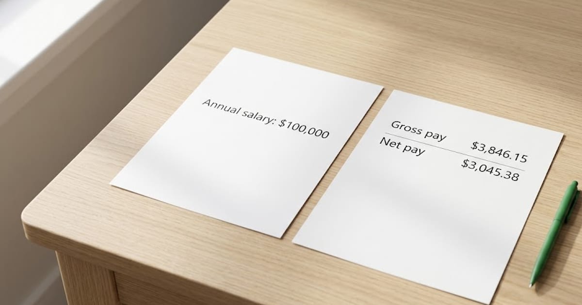 A $100,000 offer letter next to a pay stub showing what arrives every two weeks