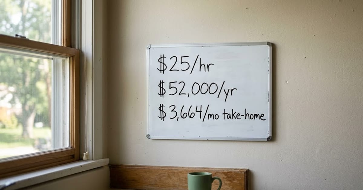 A kitchen whiteboard with the yearly and monthly value of $25 an hour