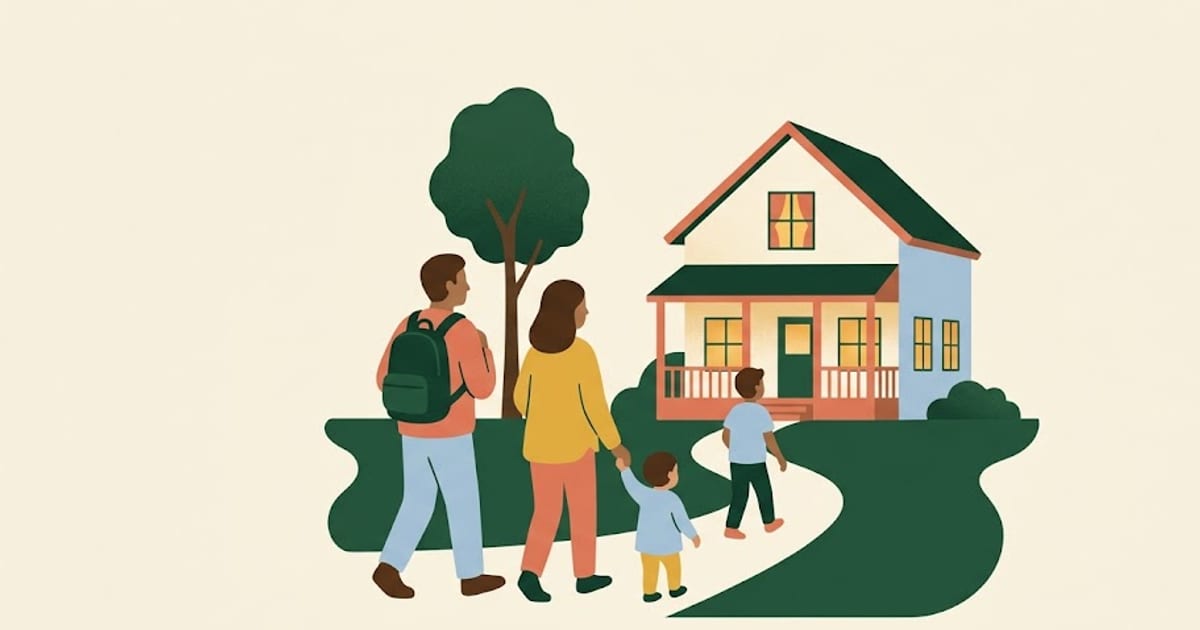 A family of four walking toward a modest house
