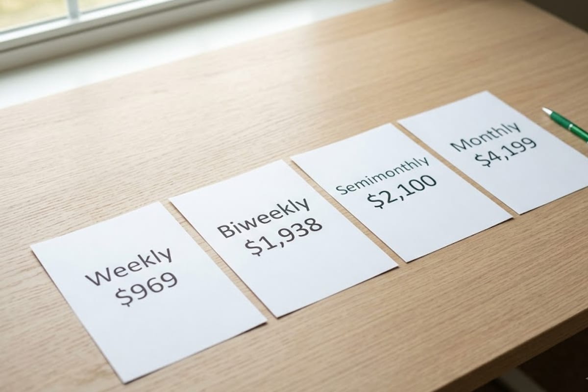The same yearly pay split into weekly, biweekly, semimonthly and monthly checks
