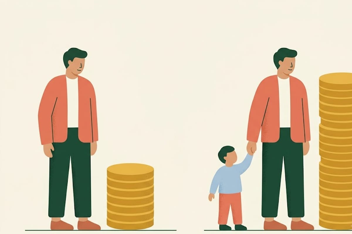 One adult alone beside one adult with a child, each with a stack of coins showing the wage needed