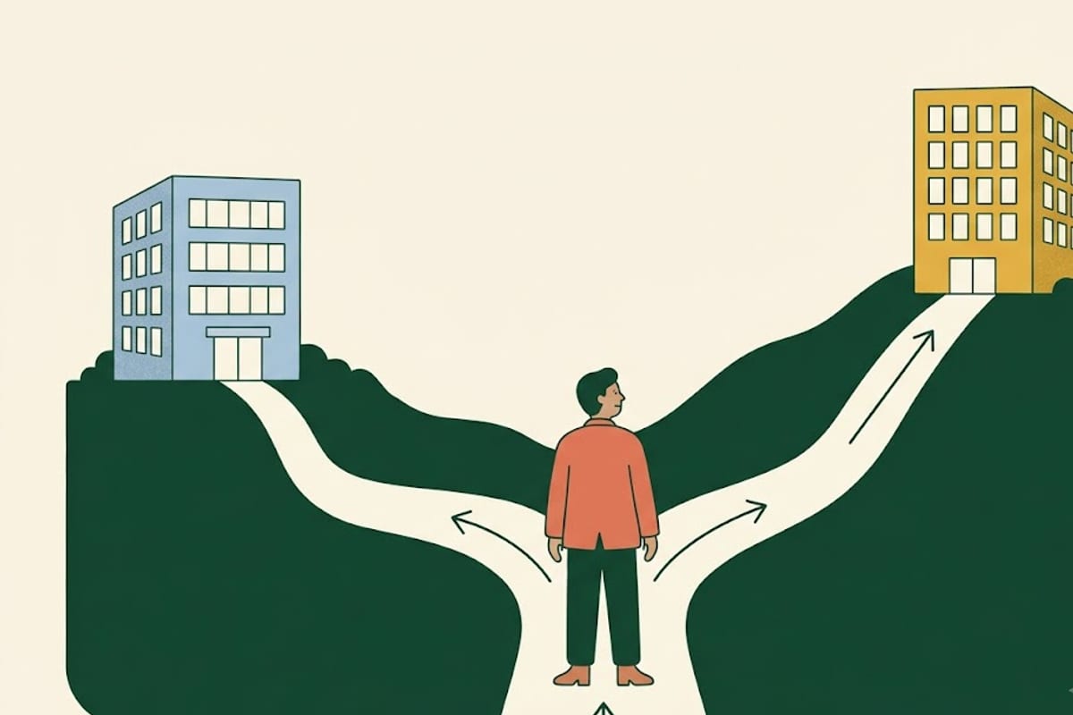 A worker at a fork between staying in a job and switching to a new one