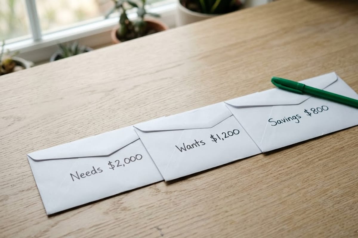 A month of take-home pay divided into three envelopes for needs, wants and savings