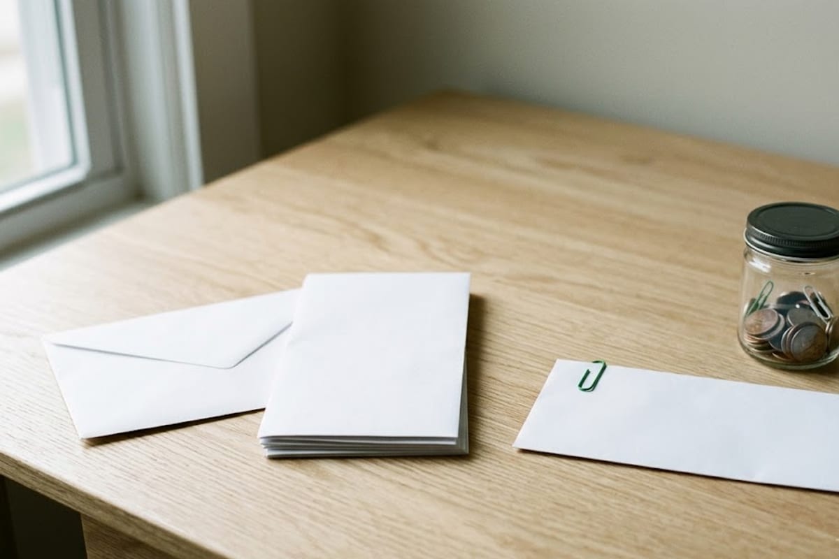 Two paychecks going to monthly bills and a third set aside in its own envelope