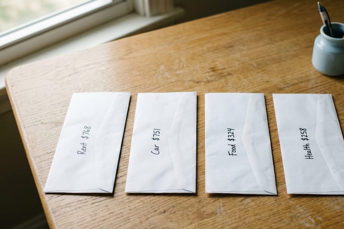 Four monthly envelopes for a shared-rent budget in Texas