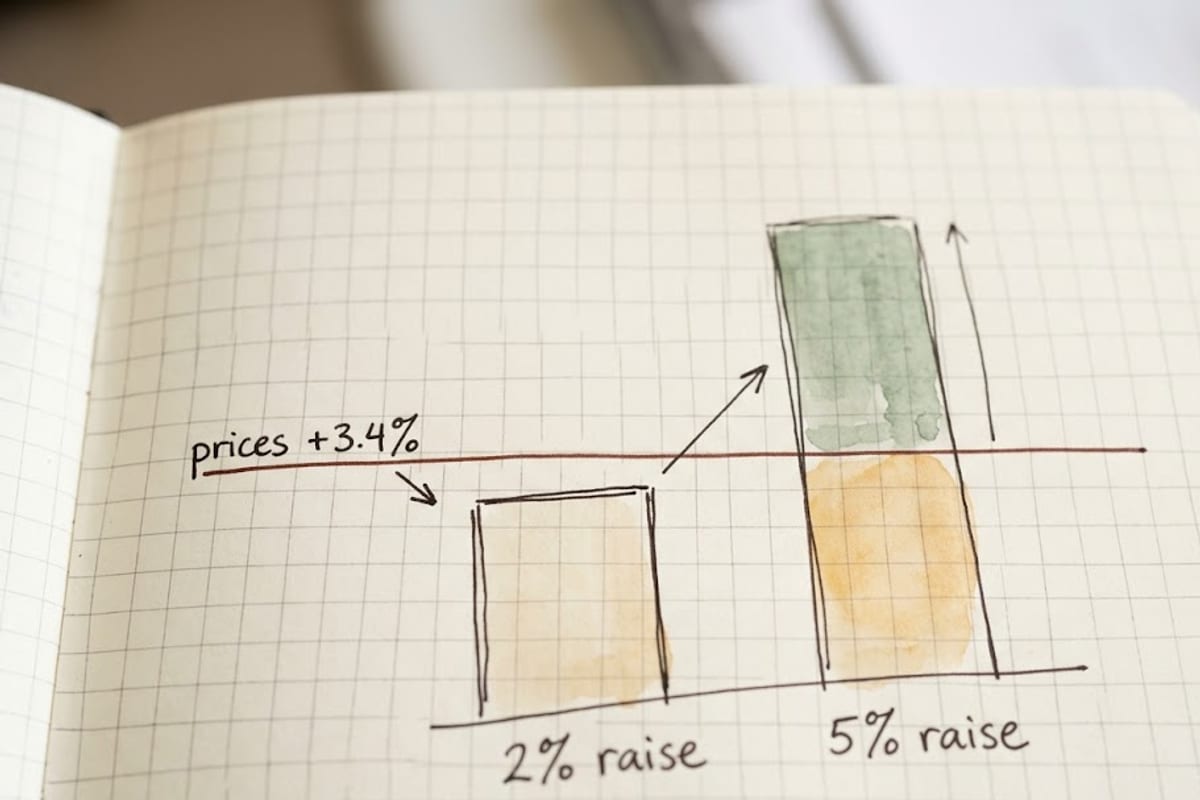 A 2% raise falls below 3.4% inflation while a 5% raise clears it