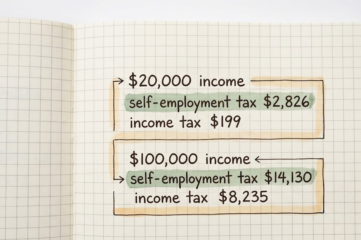 Self-employment tax and income tax at four income levels